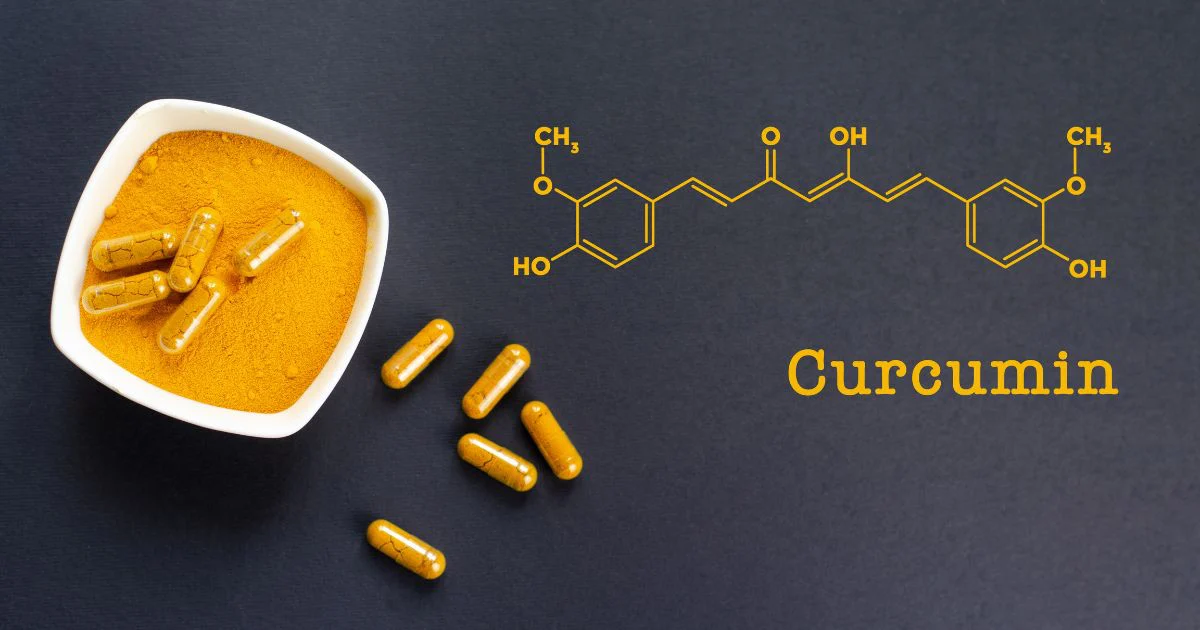 A white bowl filled with turmeric powder and capsules, next to the chemical structure and name of curcumin.